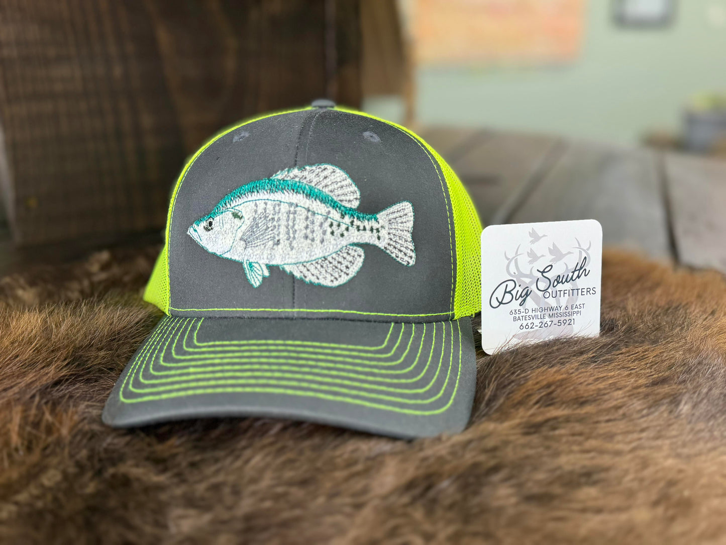 Richardson 112 Charcoal/Chartreuse Trucker with White Crappie Embroidery